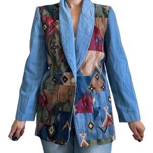 Vintage 80s Diamond Western Wear Embroider Blazer Jacket Size Small Aztec Blue